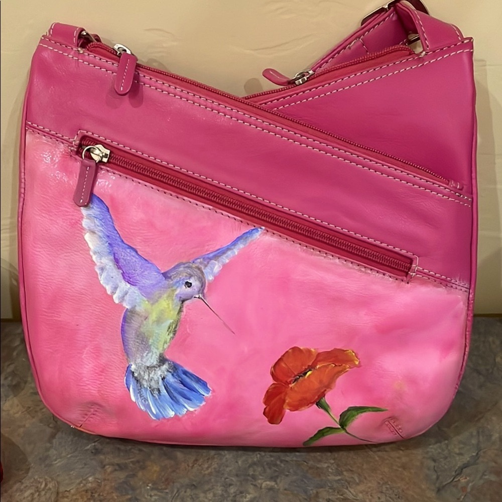 Pink High Quality Leather Crossbody/ShoulderBag with Hand Painted Art